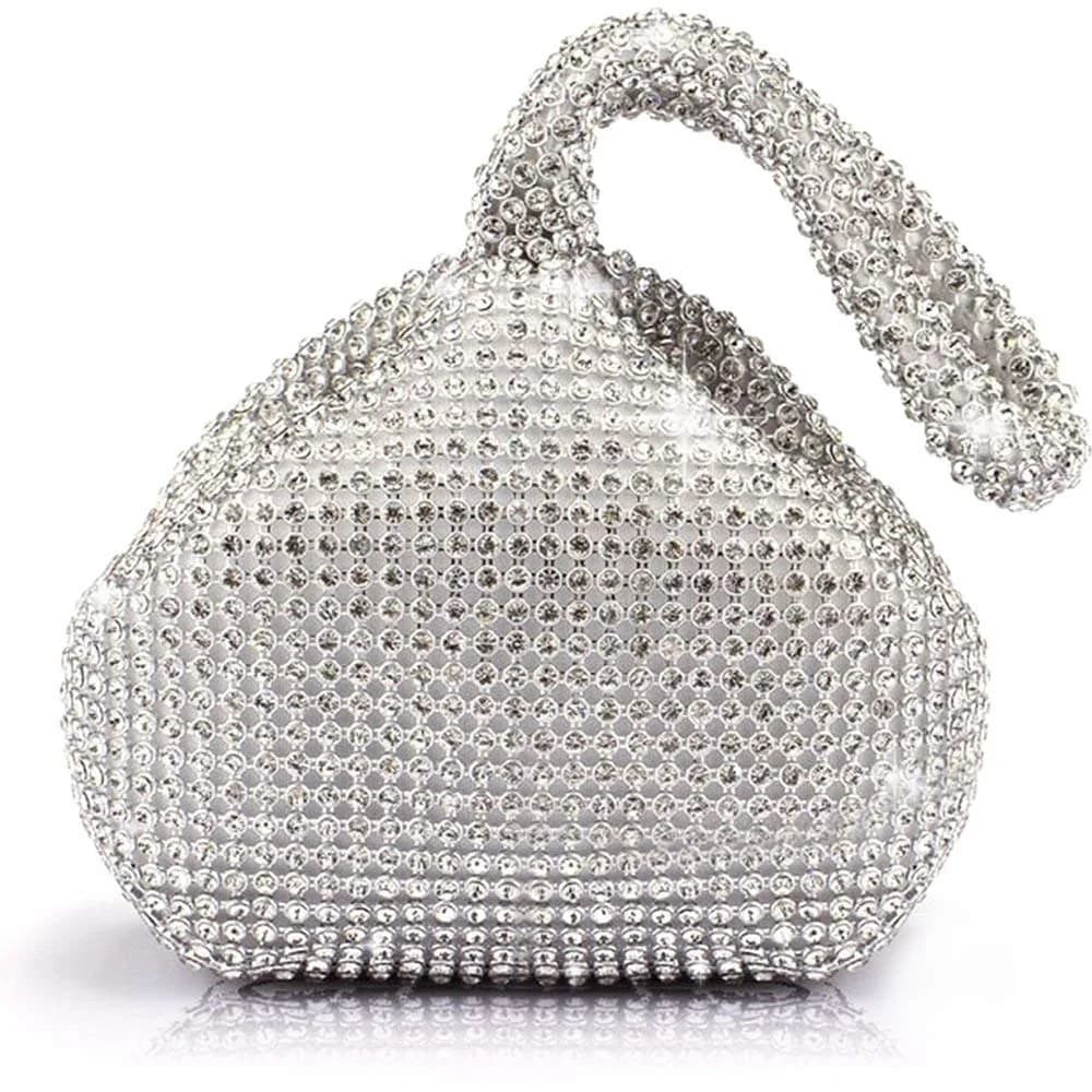 JIAN YA NA Rhinestone Trihedral Clutch Evening Bag 11.3cm (4.7") x 15.5cm (5.9") | Black Bling Zipper Wedding Purse — Leaf Silver