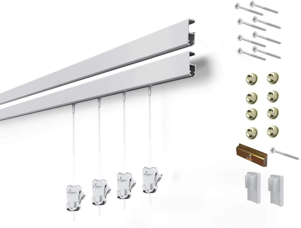 STAS Cliprail Pro Picture Hanging System White 150cm (4.92ft) | Heavy Duty Gallery Kit for Walls — matte silver rails / 9.84ft of rail + 4 hooks & cords