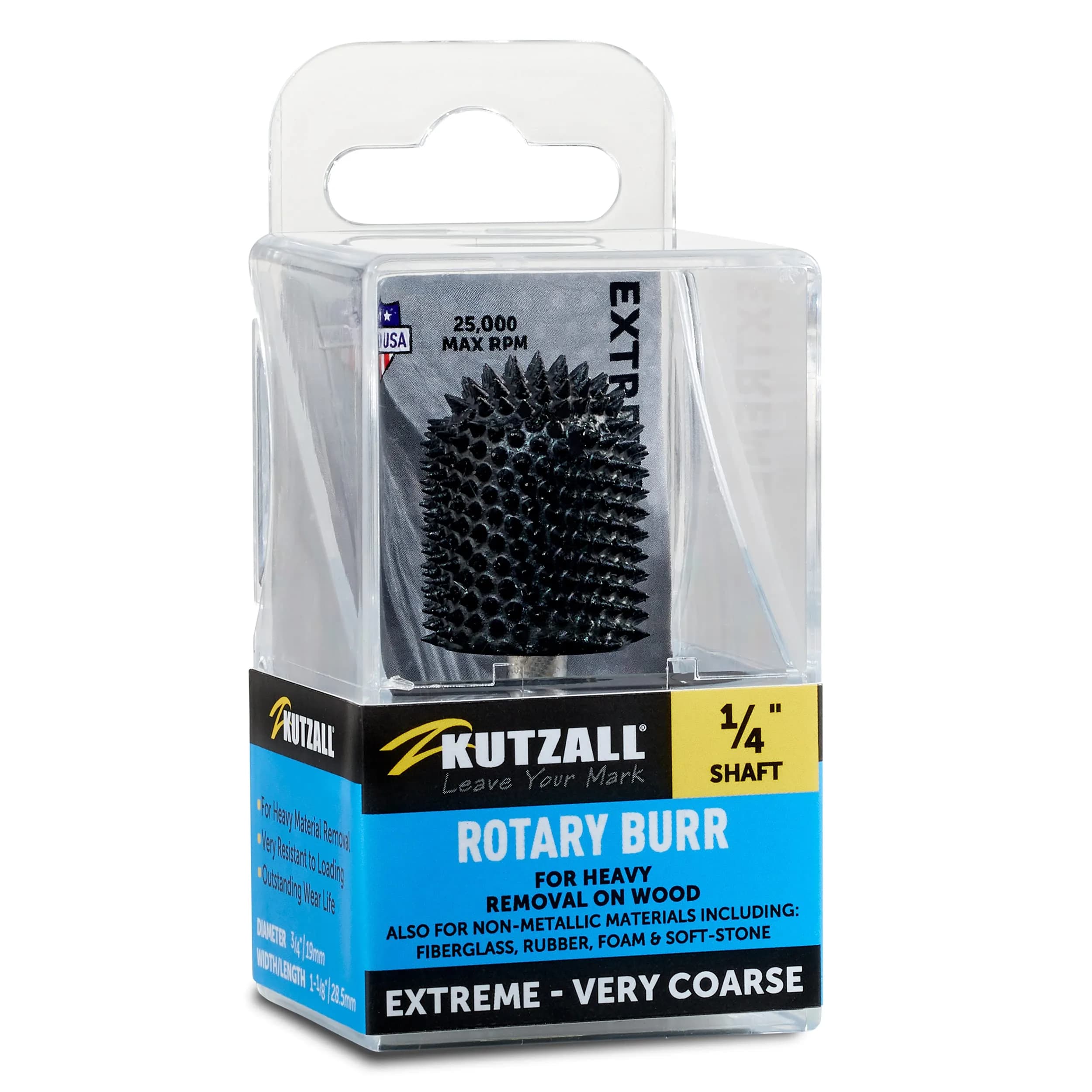 Kutzall Extreme Ball Nose Rotary Burr 1/4" Shaft, Very Coarse - 19mm (3/4") Dia. X 28.5mm (1-1/8") Length | Tungsten Carbide Wood Carving Bit