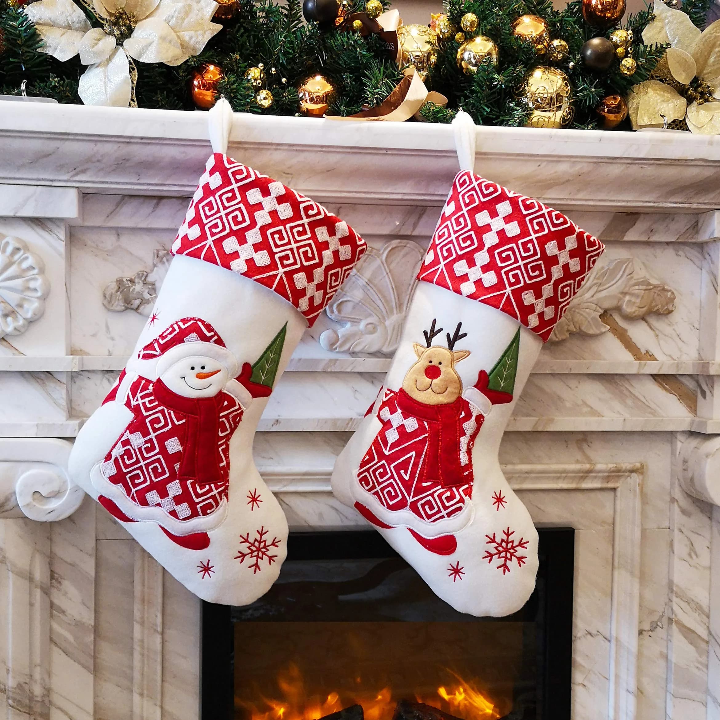 WEWILL Classic White Silvery Christmas Stockings Set of 2 Santa, Snowman Xmas Character Fireplace Hanging Stockings 43.18 cm (17 inch) | Festive Holiday Decor — Style 4