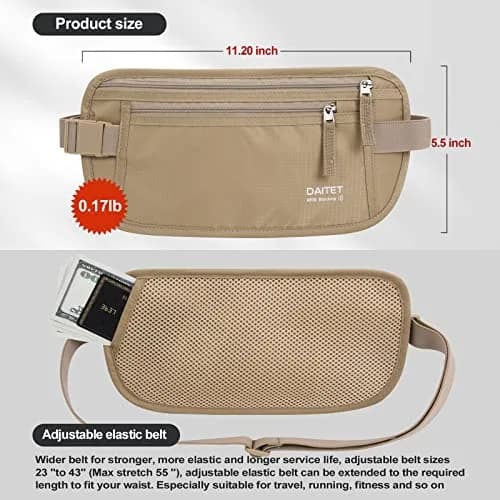 DAITET RFID Blocking Money Belt Passport Holder with Hidden Travel Wallet & Fanny Pack (Beige, 11.2" x 5.5") thumbnail 4