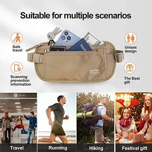 DAITET RFID Blocking Money Belt Passport Holder with Hidden Travel Wallet & Fanny Pack (Beige, 11.2" x 5.5") thumbnail 5
