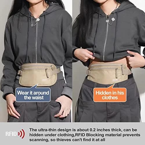 DAITET RFID Blocking Money Belt Passport Holder with Hidden Travel Wallet & Fanny Pack (Beige, 11.2" x 5.5") thumbnail 2