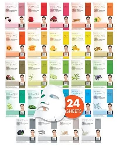 DERMAL 24 Combo Korean Essence Sheet Mask Variety Pack, Collagen & More | 24 Masks (552ml) thumbnail 1