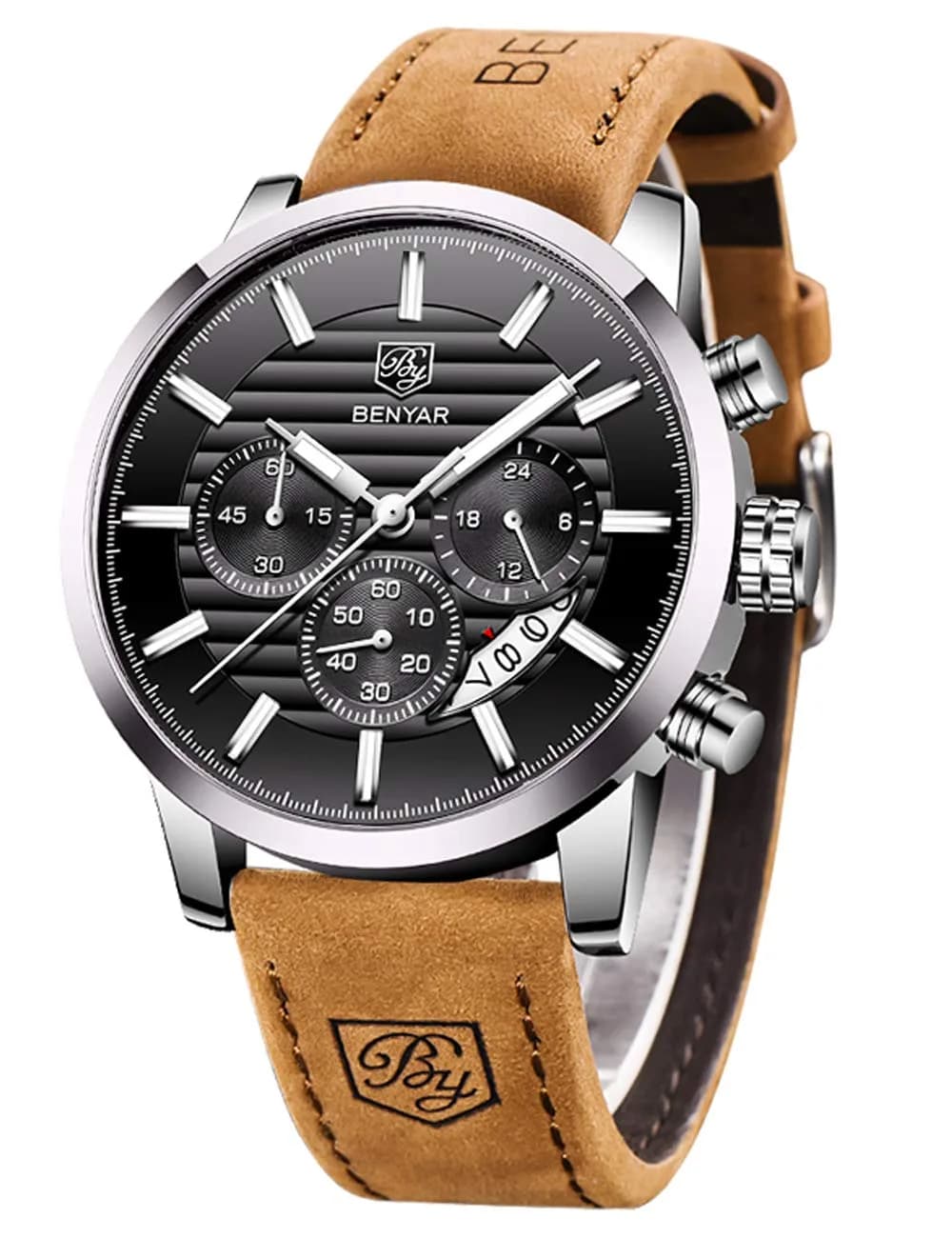 BY BENYAR Men's Analog Quartz Chronograph Watch 44mm (1.73 inch) | Water Resistant with Luminous Dial — Brown Silver Black