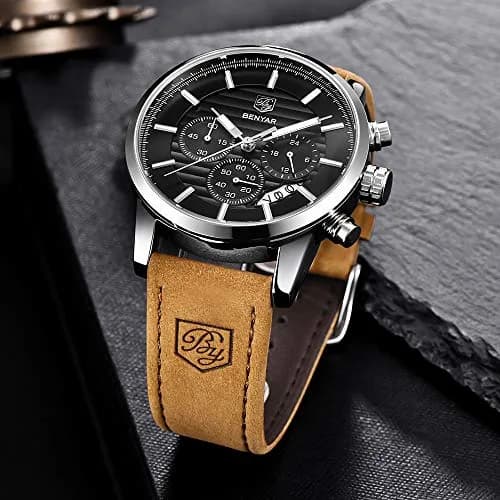 BY BENYAR Men's Chronograph Watch 44mm (1.73 inch) | Analog Quartz with Leather Strap thumbnail 4