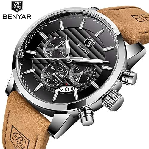 BY BENYAR Men's Chronograph Watch 44mm (1.73 inch) | Analog Quartz with Leather Strap thumbnail 2