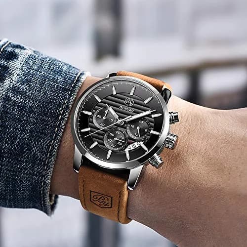 BY BENYAR Men's Chronograph Watch 44mm (1.73 inch) | Analog Quartz with Leather Strap thumbnail 3
