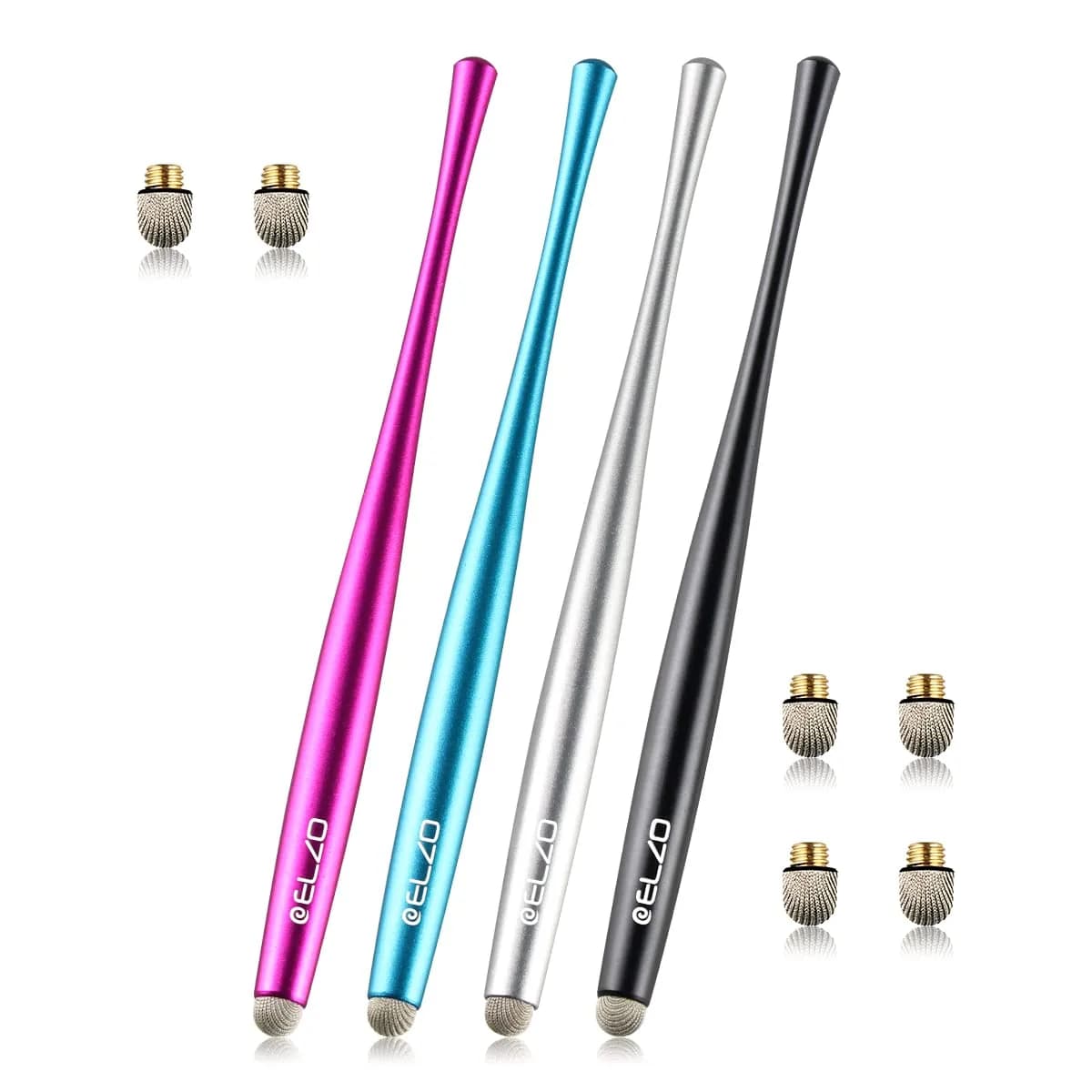 ELZO Stylus Pen Combo 2 Pack | Universal Capacitive Touch Screen with 4 Fiber Tips for Tablets & Phones — Black, Silver, Rose red, Light Blue / Standard