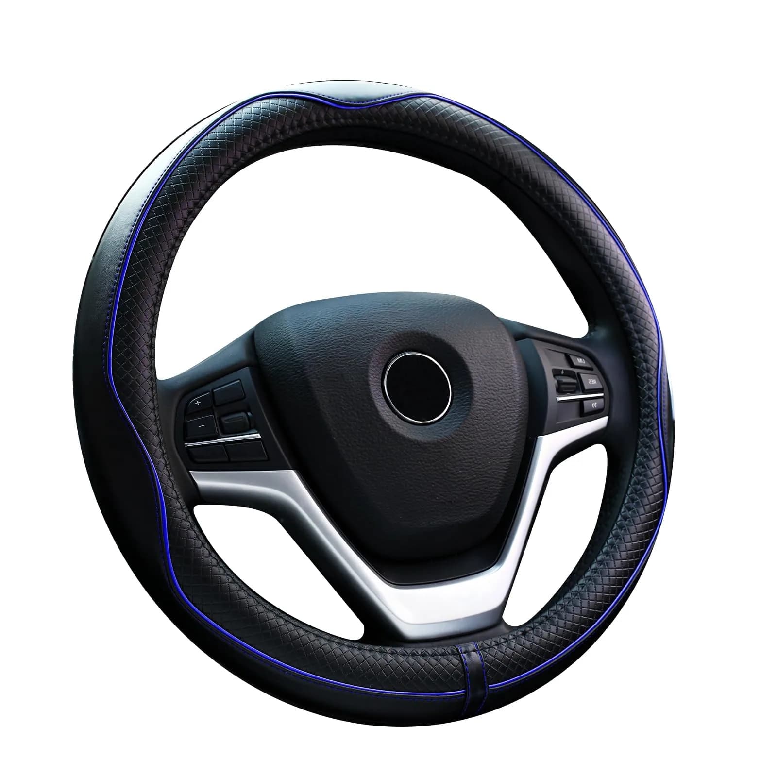 Valleycomfy Genuine Leather Steering Wheel Cover 15.75 inch | Heavy Duty, Soft & Safe — Black with Blue Lines