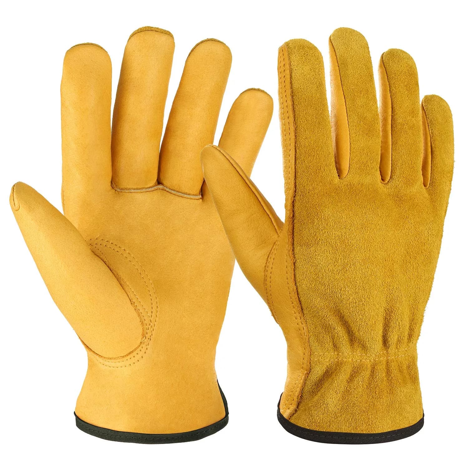 OZERO Leather Work Gloves Large | EN388 Certified Tough Cowhide for Gardening, Construction, Driving — Gold(1 Pair) / Medium