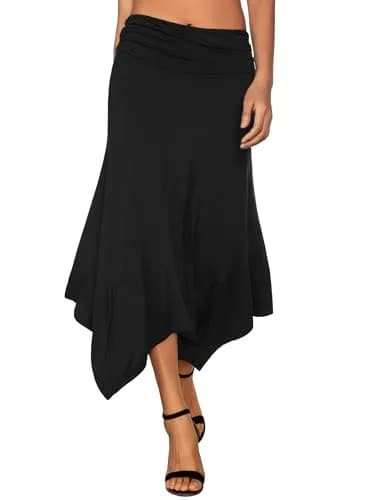 DJT Women's Flowy Handkerchief Hemline Midi Skirt Medium Black | Breathable Rayon & Spandex, Flattering Fit, Perfect for Summer & Autumn thumbnail 1