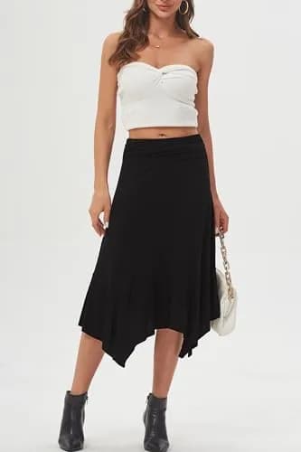 DJT Women's Flowy Handkerchief Hemline Midi Skirt Medium Black | Breathable Rayon & Spandex, Flattering Fit, Perfect for Summer & Autumn thumbnail 3