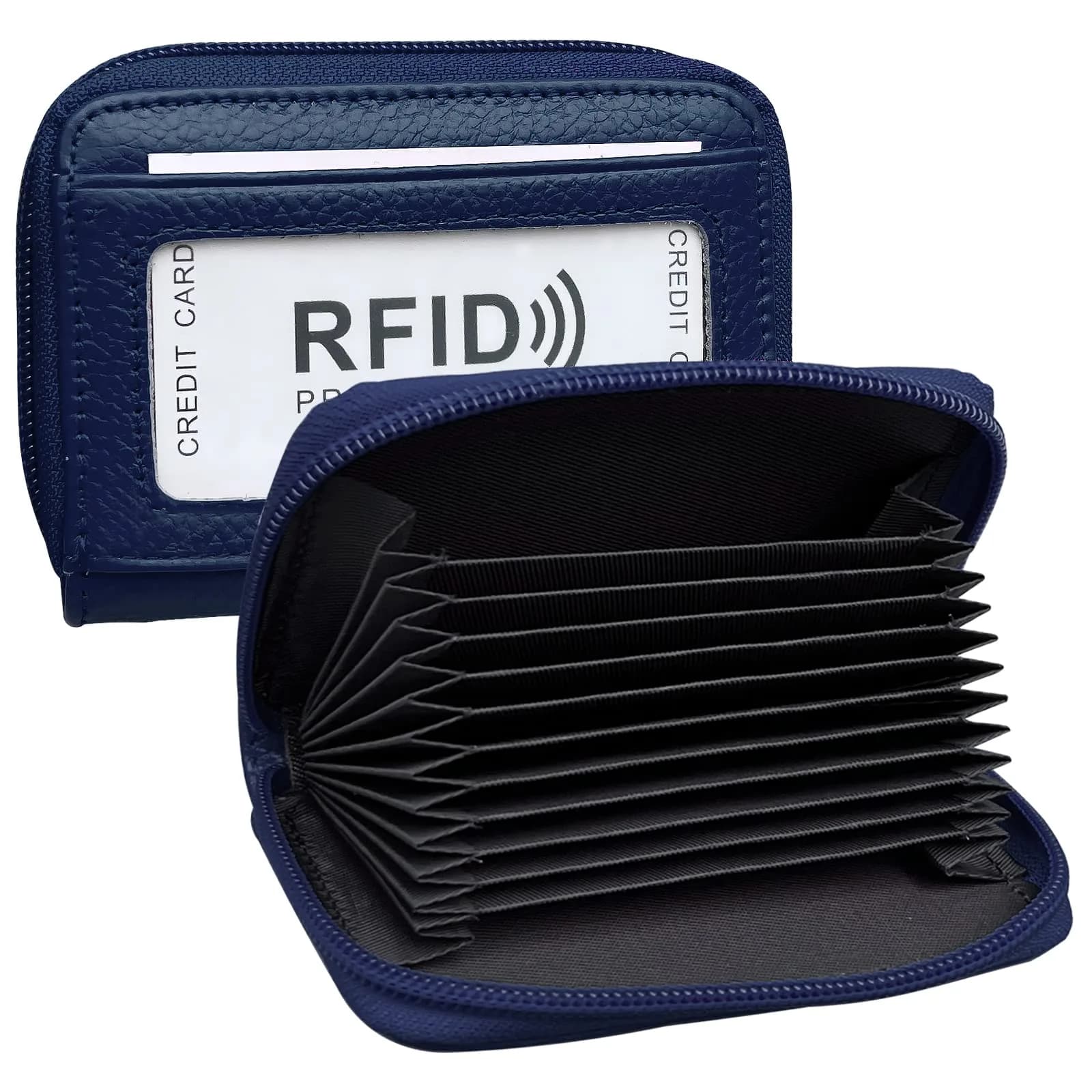 ZHOMA RFID Blocking Genuine Leather Credit Card Case Holder Security Travel Wallet - Black 11.9cm (4.5") | Protects Cards from Scans — Navy Blue