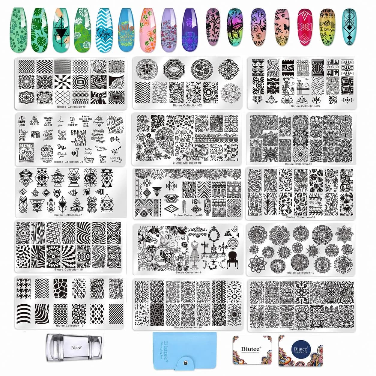 Biutee 15PCS Nail Stamping Plates Set with Silicone Stamper & Scraper | Professional DIY Manicure Tool Kit — Multicolored/Assorted 19 Piece Set