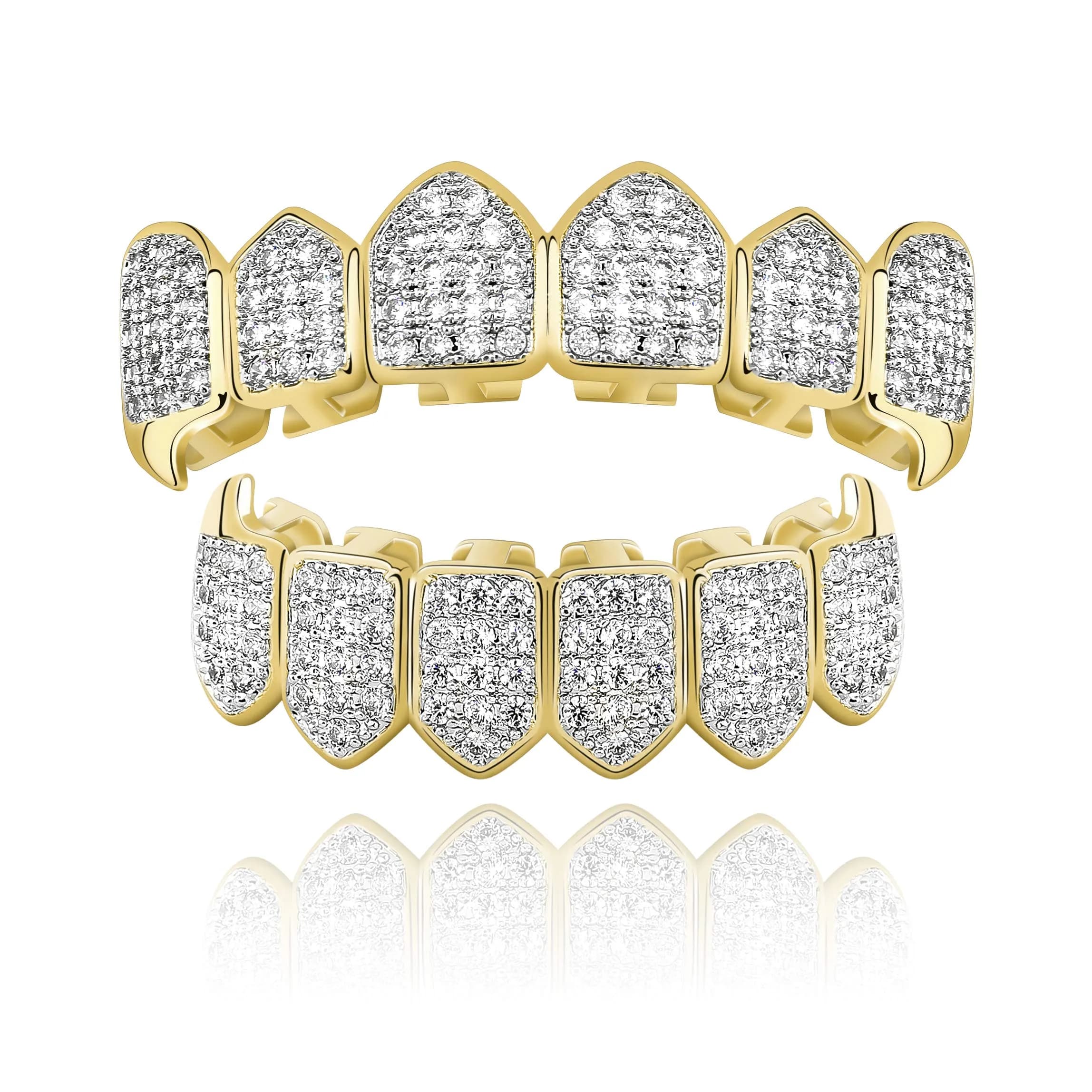 TOPGRILLZ Vampire Fangs Grillz with CZ Stones 18K Gold Plated Brass | Hip Hop Costume Accessory — Golden
