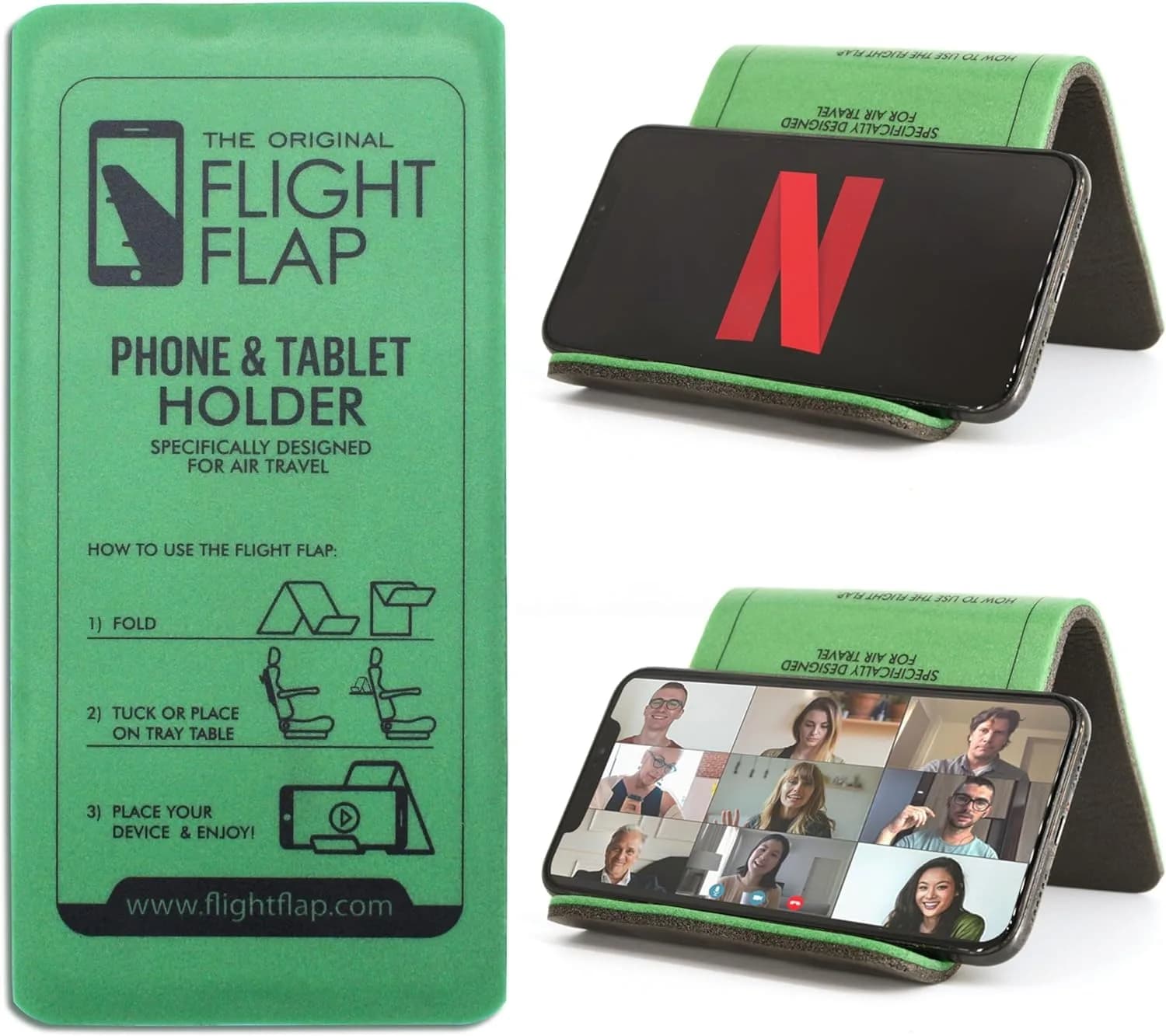 Flight Flap Airplane Phone Holder, Flexible Folding Cellphone Stand, Green | Travel & Long Flight Accessory