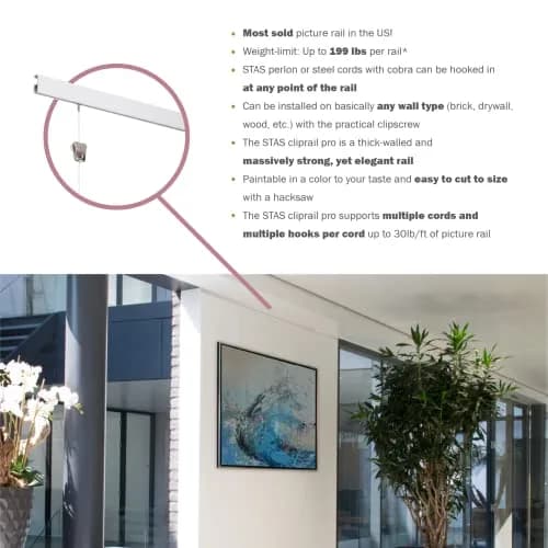 Stas Picture Hanging Systems Cliprail Pro White - Heavy Duty Art Rail 19.69 ft | Elegant & Strong Wall Mount thumbnail 5