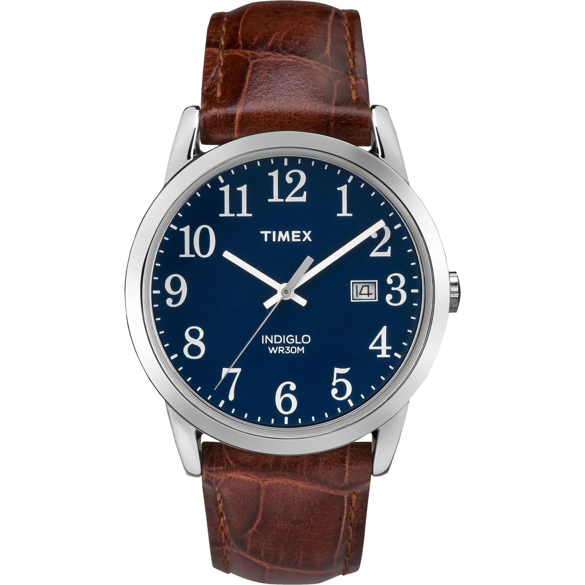 Timex Men's Easy Reader 38mm Watch – Silver-Tone Case Blue Dial with Brown Croco Leather Strap | Classic Analog Quartz Watch — Brown/Silver-Tone/Blue/38mm