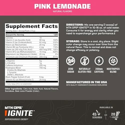 MTN OPS Ignite Energy Powder, Pink Lemonade | Zero Sugar, 20 Servings, Supports Focus & Endurance thumbnail 2