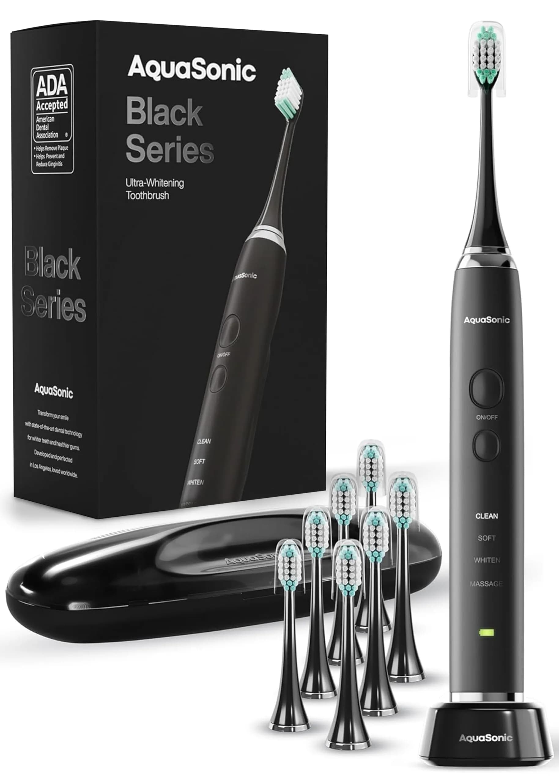 Aquasonic Black Series Ultrasonic Toothbrush with 8 Brush Heads & Travel Case | ADA Accepted, 40,000 VPM, Wireless Charging - main product image