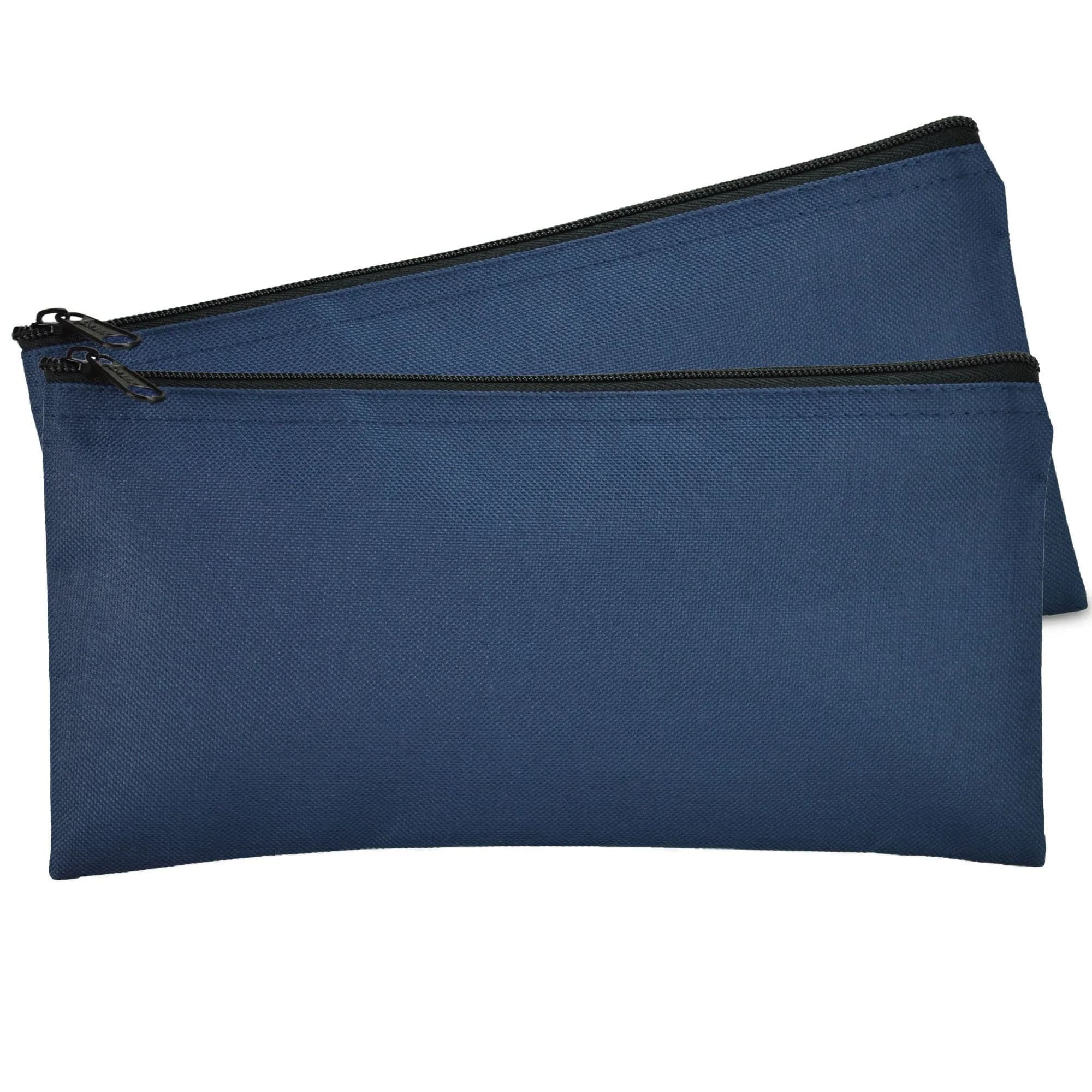 DALIX Gray 2 Pack Zippered Polyester Bank Money Bags 27.9 cm (11" L x 5.5" H x 2.5" D) | Secure Cash & Coin Handling — Navy Blue