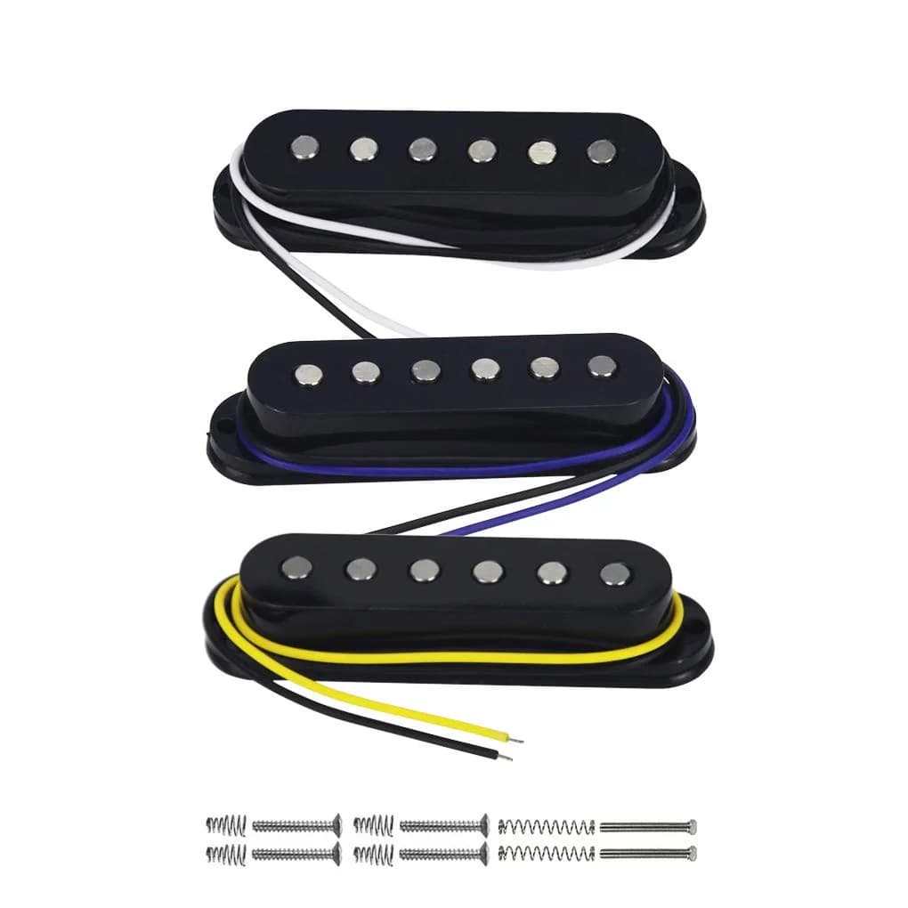 FLEOR Alnico 5 Single Coil Guitar Pickups Set White Flat Pole for ST/SQ Style Electric Guitars (Neck/Middle/Bridge, 50mm/50mm/52mm Spacing) — Black, Flat Fixed
