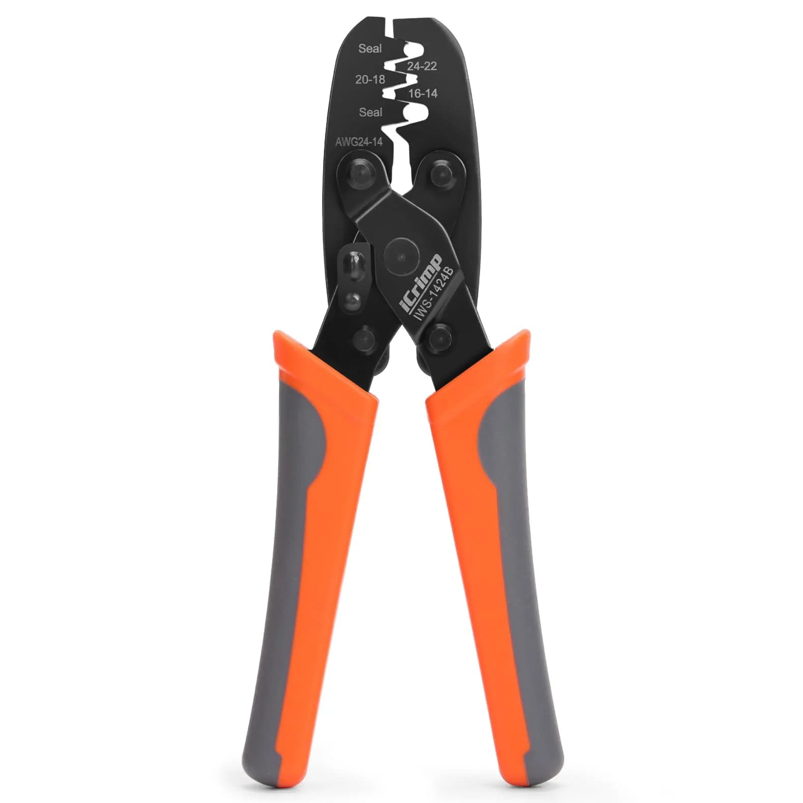 IWISS IWS-1424A Non Insulated Open Barrel Terminal Crimper AWG24-14 | Ergonomic Rubber Handle, 280g, Orange — Weather Pack Terminal
