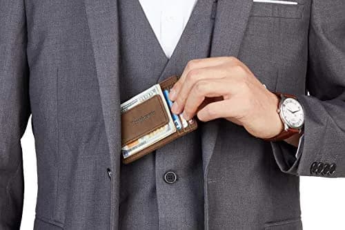 Toughergun Slim Wallet for Men RFID Blocking Money Clip, Minimalist Front Pocket Credit Card Holder, Magnetic Thin Mens Wallets with ID Window (Coffee, 4" x 3" x 0.3") thumbnail 4
