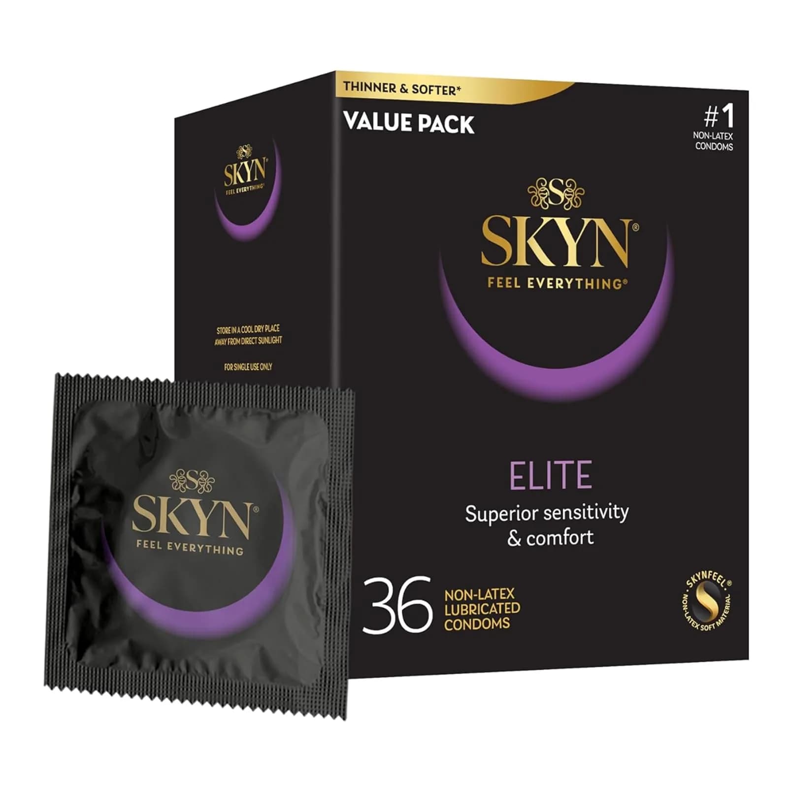 SKYN Elite Ultra-Thin Lubricated Latex-Free Condoms 36 Count | Sensitive, Soft, and Comfortable for Enhanced Experience