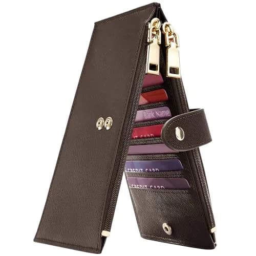 Travelambo RFID Wallet Women Large Size Bifold Multi Card Wallet Case with Zipper Pocket, 18 Pockets, Coffee thumbnail 1