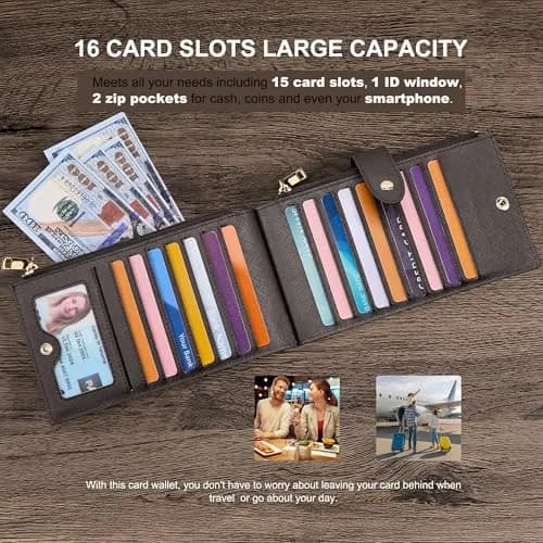 Travelambo RFID Wallet Women Large Size Bifold Multi Card Wallet Case with Zipper Pocket, 18 Pockets, Coffee thumbnail 5