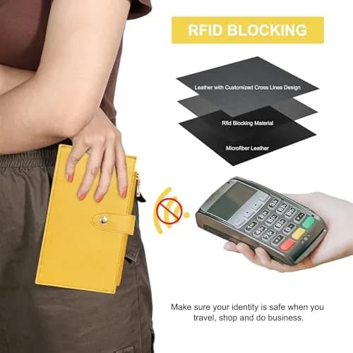 Travelambo RFID Wallet Women Large Size Bifold Multi Card Wallet Case with Zipper Pocket, 15 Card Slots, Yellow | Genuine Leather, RFID Blocking thumbnail 4