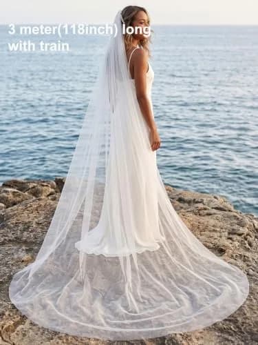 EllieWely 1 Tier Plain Tulle Wedding Bridal Veil Ivory 3M | Classic Elegant Bridal Accessory thumbnail 2