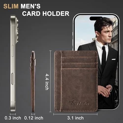 Travelambo Slim Leather Wallet Front Pocket RFID Blocking 0.12" (3.1" x 4.4" x 0.12") | Minimalist Card Holder for Men thumbnail 5