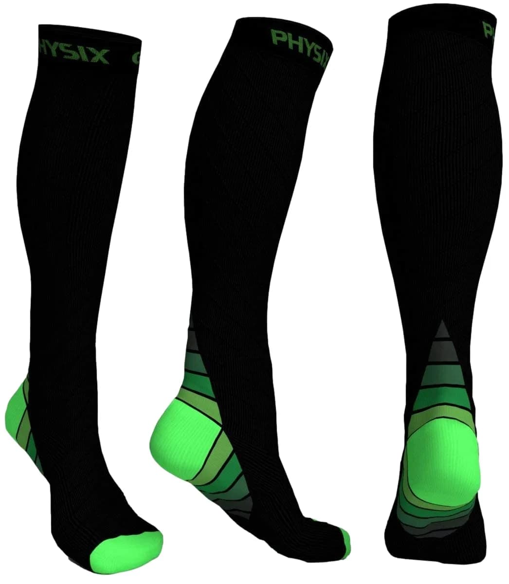 Physix Gear Compression Socks - Best Men & Women’s Circulation Support, Athletic & Travel, S/M | Blood Pressure & Swelling Relief — Black/Green