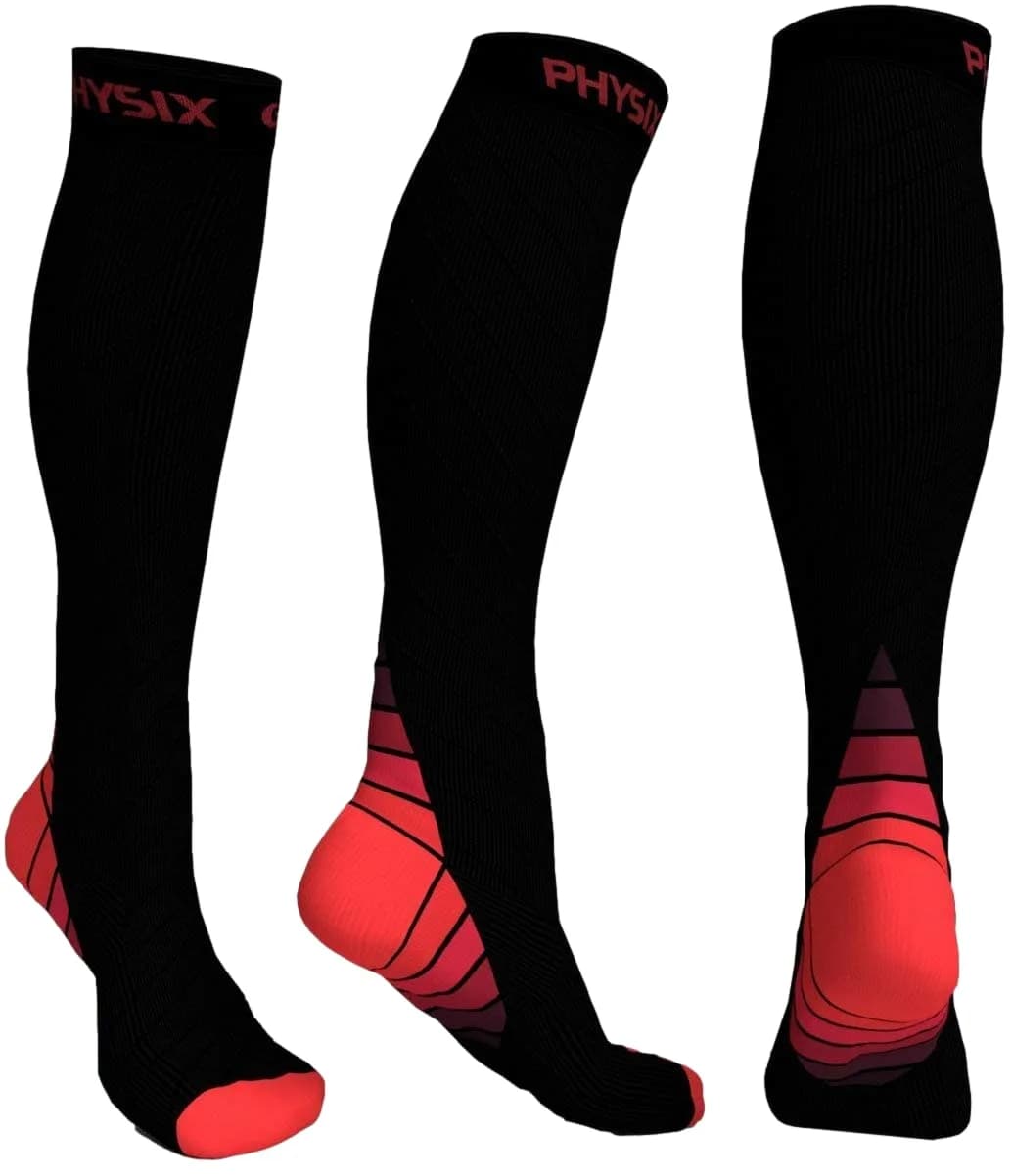 Physix Gear Sport Compression Socks Black/Red L/XL | Graduated Compression for Circulation & Travel