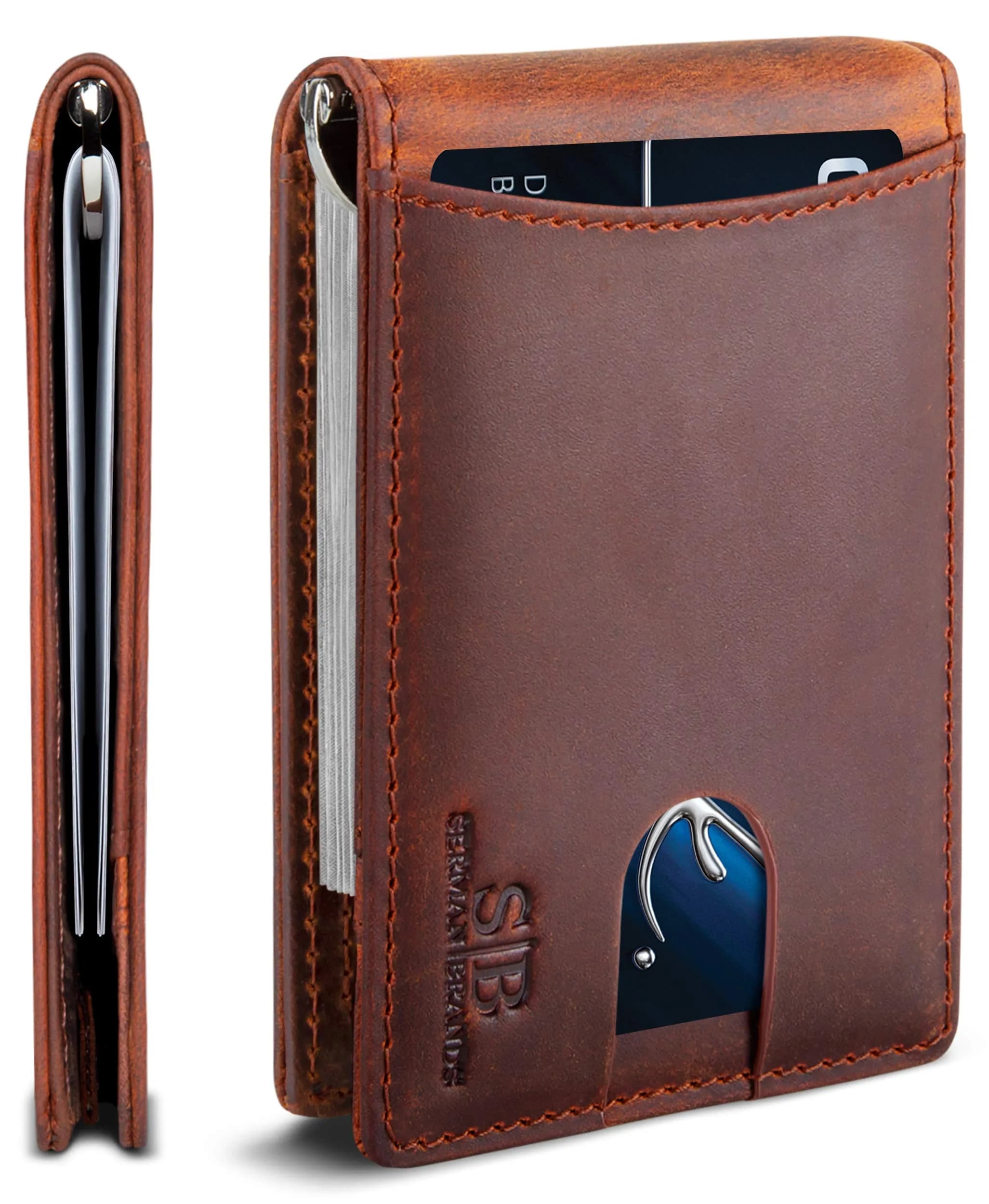 SERMAN BRANDS RFID Blocking Slim Bifold Leather Wallet for Men with Money Clip | Minimalist Front Pocket Design — Canyon Red 1.S