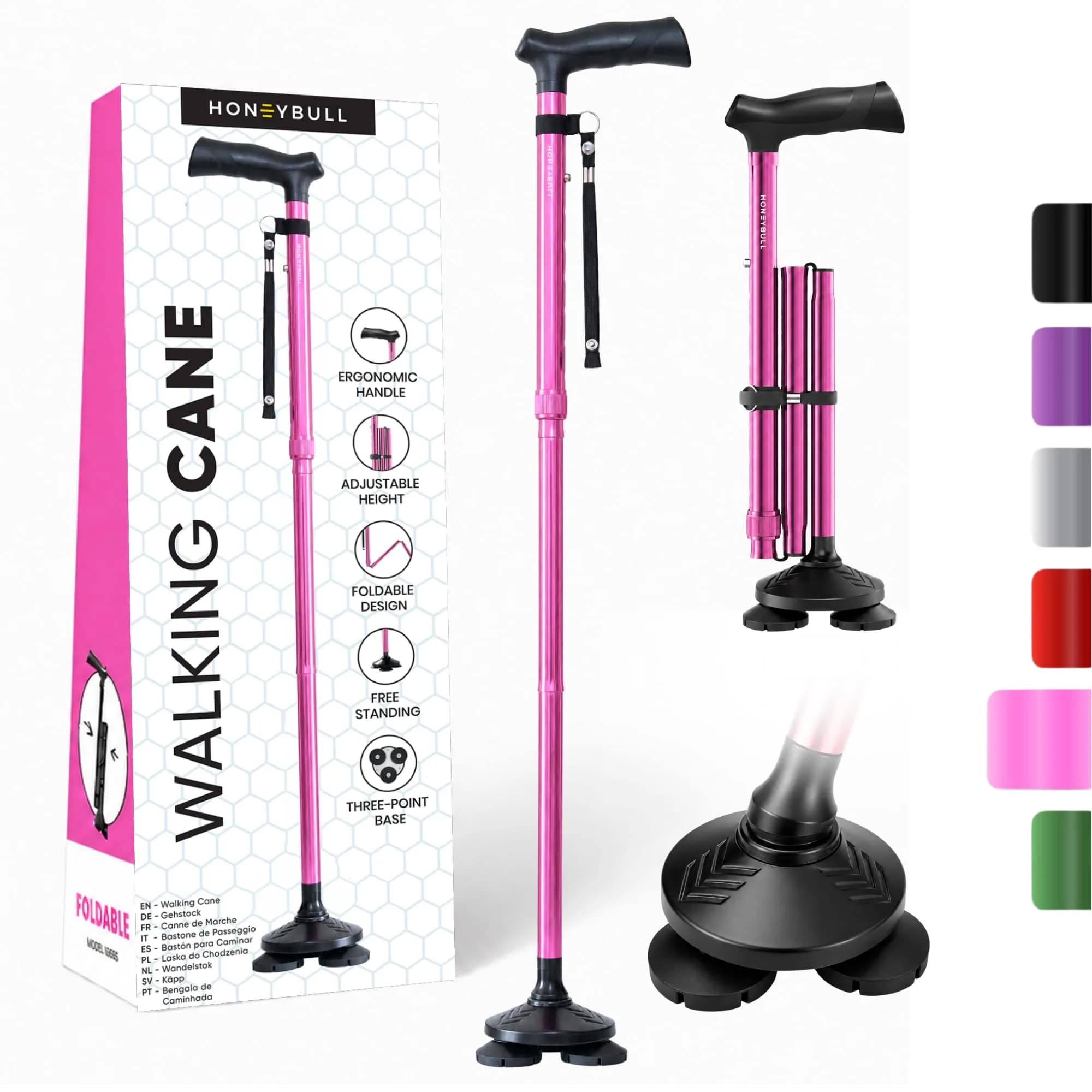 HONEYBULL Foldable Walking Cane with Free Standing Pivot Base, Adjustable Height 78-96cm (30-36 inches) | Supports Seniors and Adults