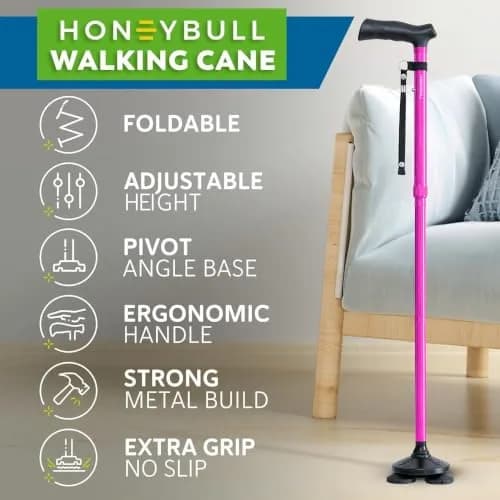 HONEYBULL Foldable Walking Cane with Free Standing Pivot Base, Adjustable Height 78-96cm (30-36 inches) | Supports Seniors and Adults thumbnail 2