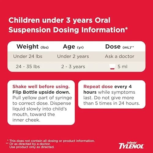 Infants' Tylenol Acetaminophen Oral Suspension Dye-Free Cherry 2 fl oz (59 ml) | Gentle Pain & Fever Relief for Babies thumbnail 6