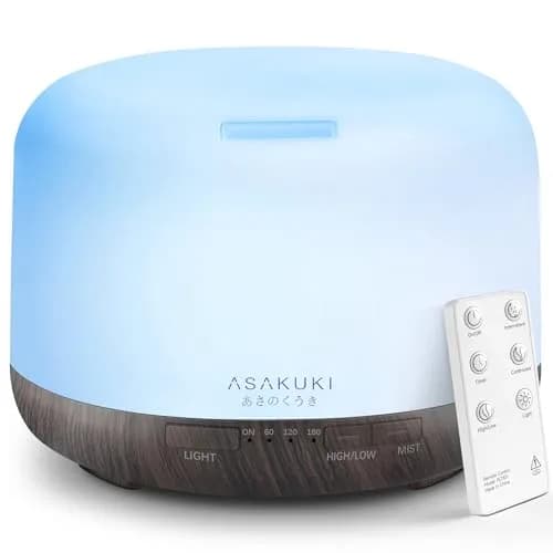 ASAKUKI 500ML Essential Oil Diffuser for Home, Brown | Ultrasonic Aromatherapy Humidifier with Remote Control & 7 Color LED Lights thumbnail 1