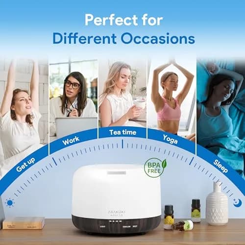 ASAKUKI 500ML Essential Oil Diffuser for Home, Brown | Ultrasonic Aromatherapy Humidifier with Remote Control & 7 Color LED Lights thumbnail 5