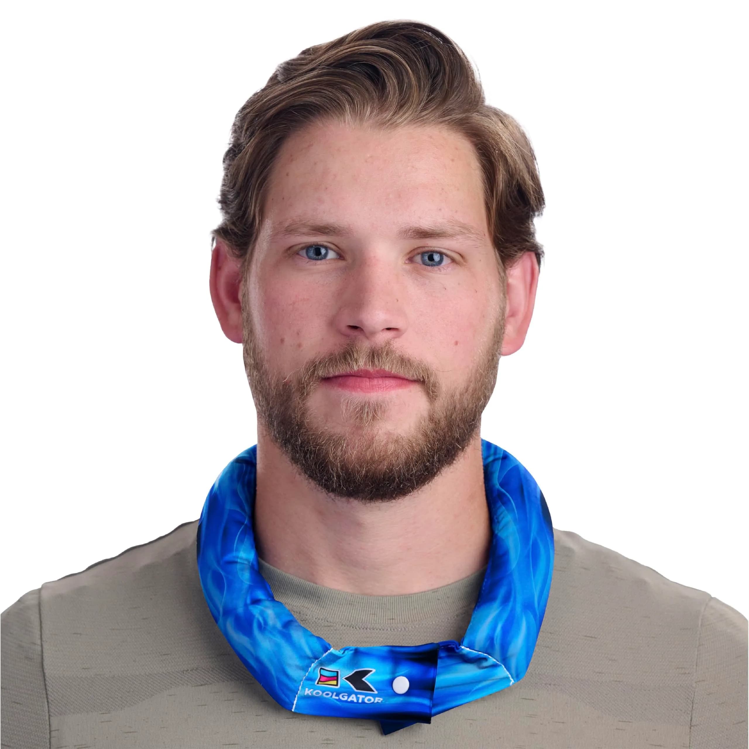 KOOLGATOR Evaporative Cooling Neck Wrap Scorpion/OCP Camo 1 Pack | USA-Designed Cooling Relief — Flames:blue & Red