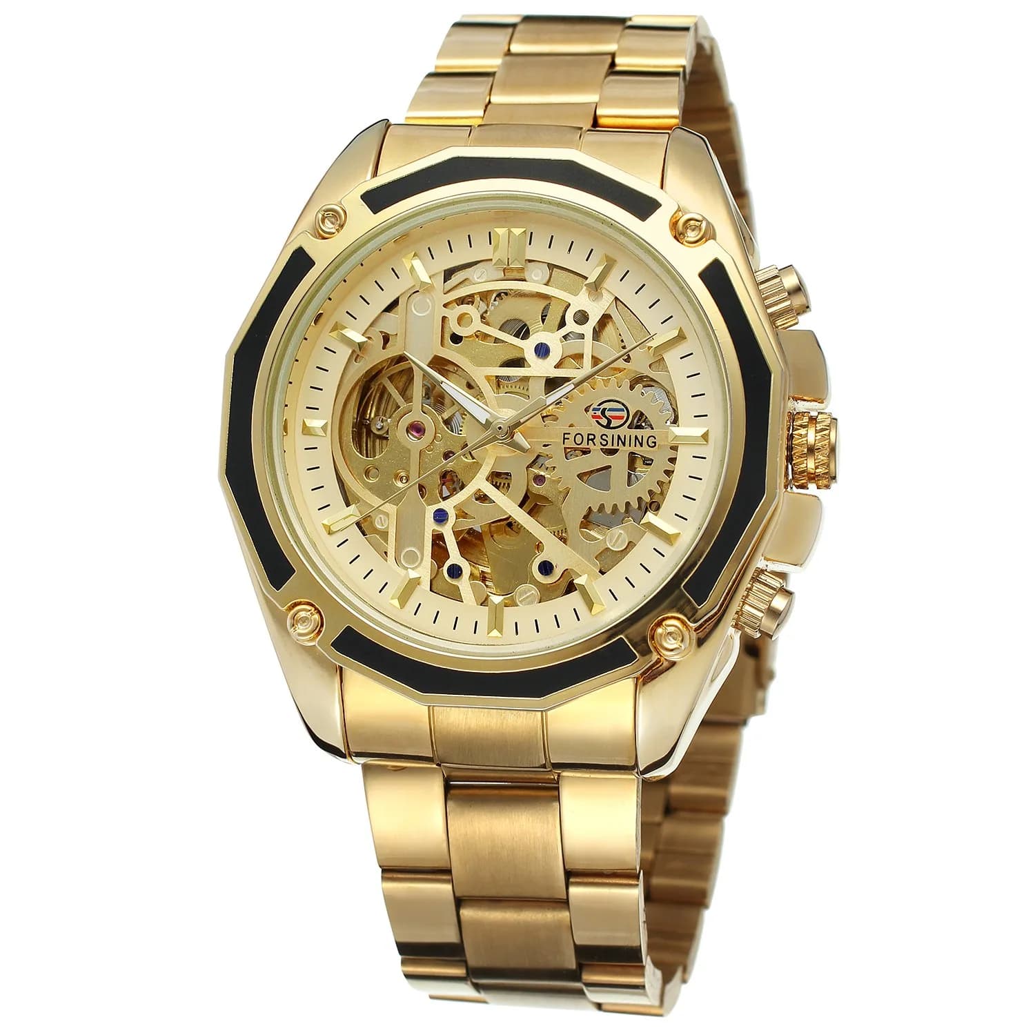 FORSINING Men's Self-Winding Skeleton Analogue Watch with Stainless Steel Bracelet | 42.8mm Gold Tone - main product image