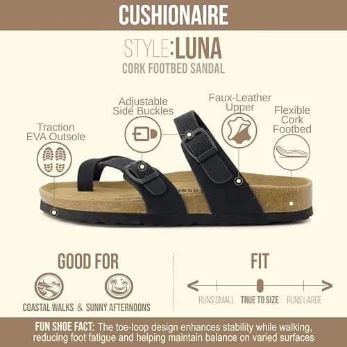 CUSHIONAIRE Luna Cork Footbed Sandals for Women with Crossover Straps, Black 7.5 | Supportive, Breathable & Stylish thumbnail 4