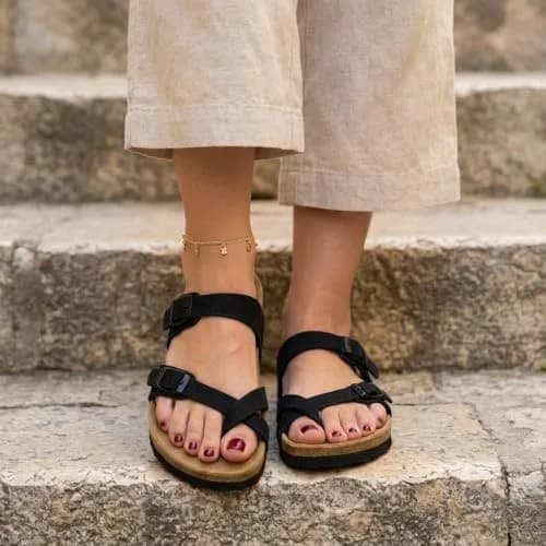 CUSHIONAIRE Luna Cork Footbed Sandals for Women with Crossover Straps, Black 7.5 | Supportive, Breathable & Stylish thumbnail 5