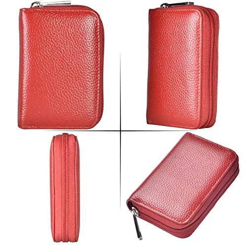 Easyoulife Genuine Leather Credit Card Holder Zipper Wallet with 26 Card Slots (Red) | RFID Blocking Slim Wallet for Women thumbnail 5