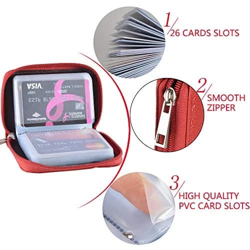 Easyoulife Genuine Leather Credit Card Holder Zipper Wallet with 26 Card Slots (Red) | RFID Blocking Slim Wallet for Women thumbnail 6