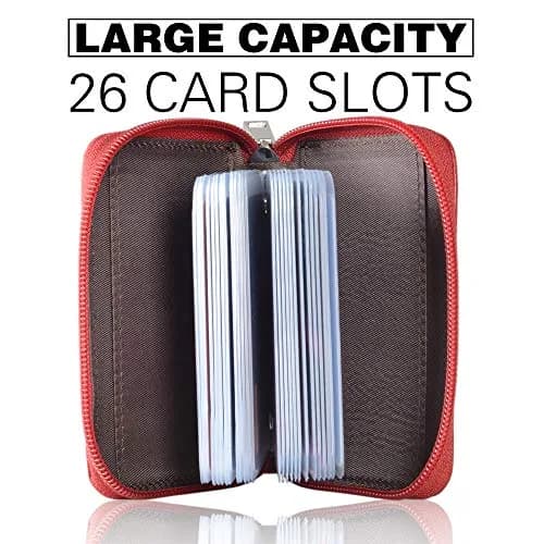 Easyoulife Genuine Leather Credit Card Holder Zipper Wallet with 26 Card Slots (Red) | RFID Blocking Slim Wallet for Women thumbnail 2